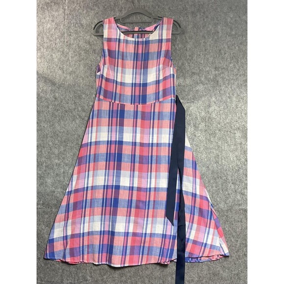 Joules Dresses & Skirts - Joules Dress Womens 8 Pink Blue Plaid Sleeveless Tie Belt Midi Cottage New